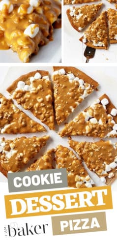 This peanut butter overload is an easy dessert to impress everyone. Soft chewy pan Peanut Butter Cookie dessert pizza with peanut butter cookie crust and peanut butter sauce! Go try this simple recipe that will give you surprising flavors!
