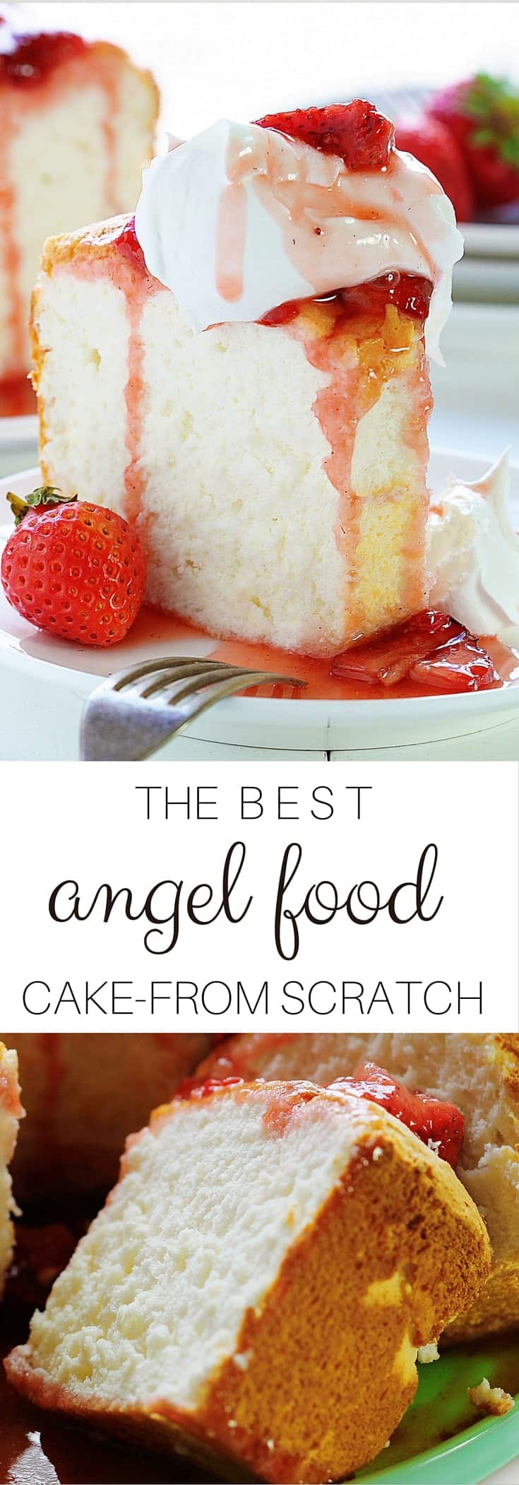 The Roasted Strawberries on this HOMEMADE ANGEL FOOD CAKE will blow your mind!