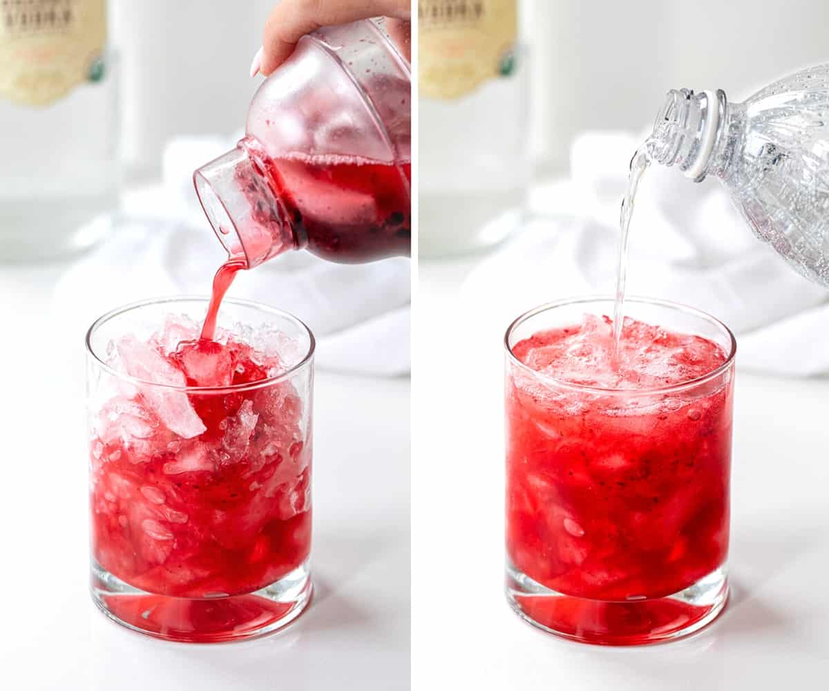 Adding Blackberry Juice to Glass to Make a Blackberry Fizz.