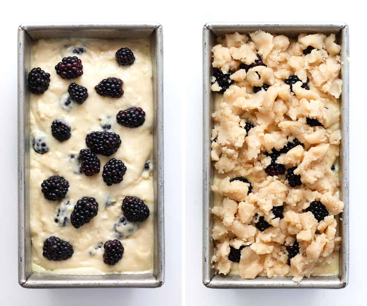 Raw Blackberry Lemon Loaf Batter in a Pan and Then with Crumble on Top.