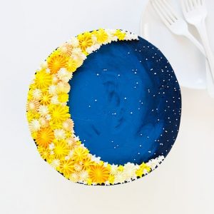 Overhead image of a cake decorated to look like a crescent moon!