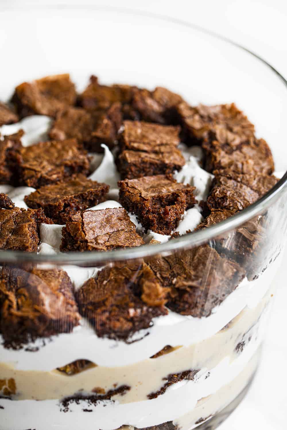 Showing Top Layer of Brownie Peanut Butter Trifle with Moist Brownies on Top