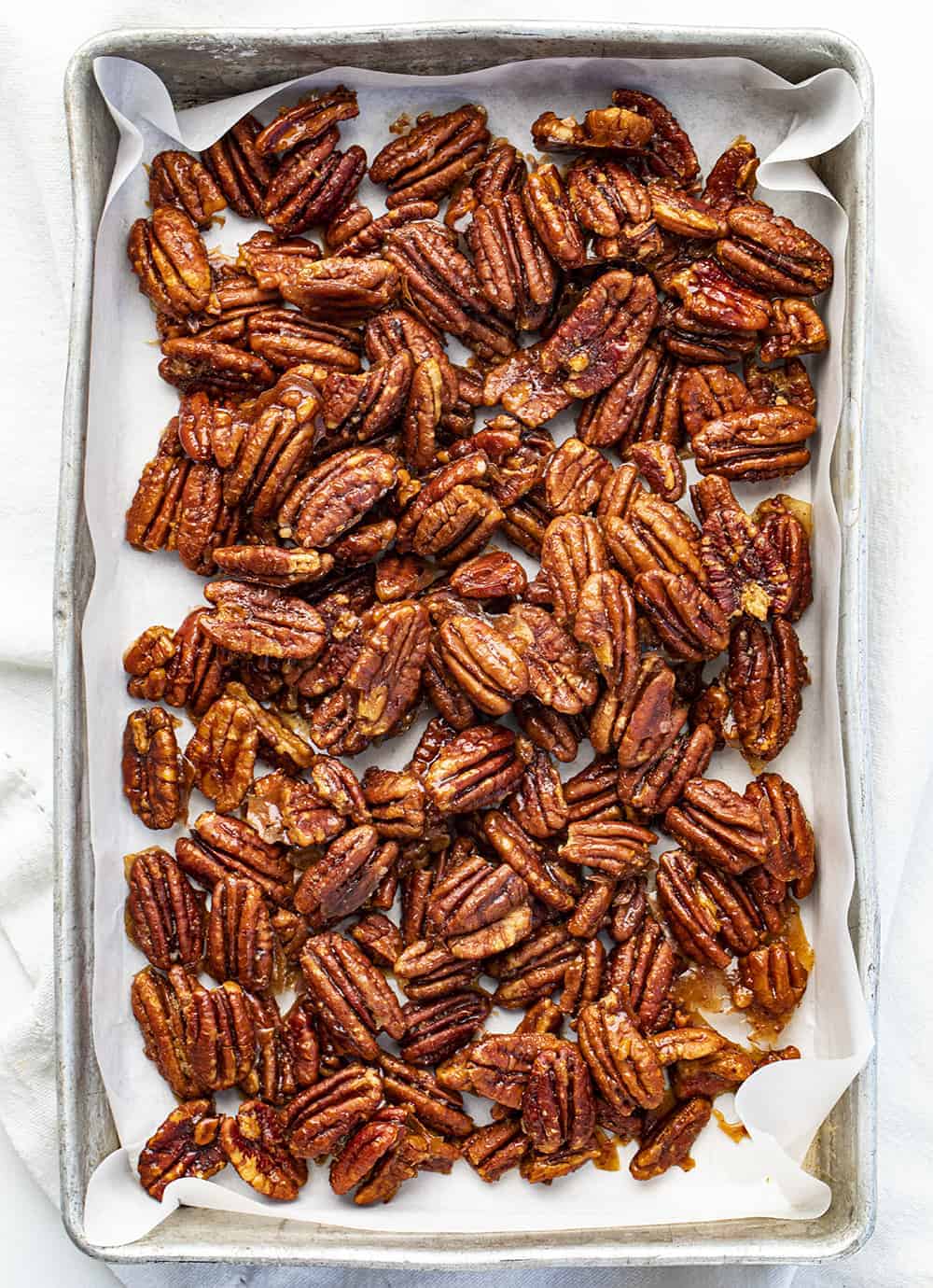 Overhead of Candied Pecans in a Pan