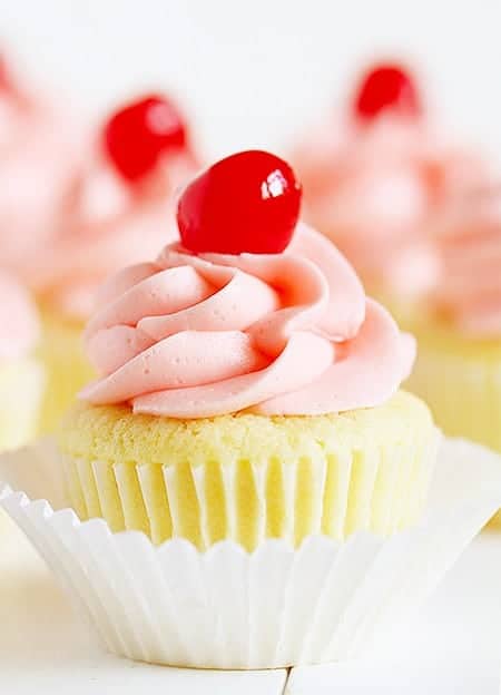 Cherry Limeade Cupcake! Delicate lime cupcake with sweet Maraschino cherry frosting!