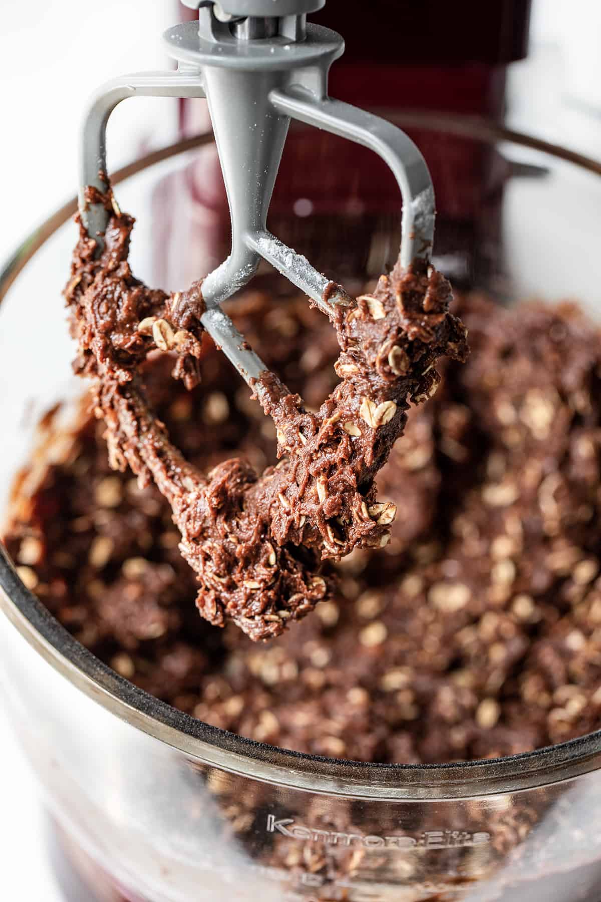 Chocolate Oatmeal Cookie Dough on a Mixer Paddle.