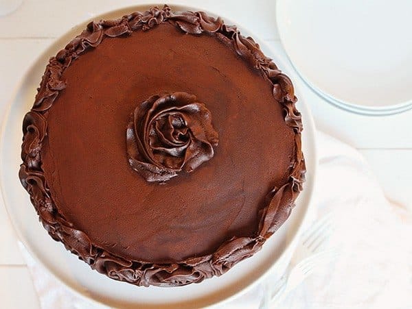 Overhead of Chocolate Cake with Rosette Frosting