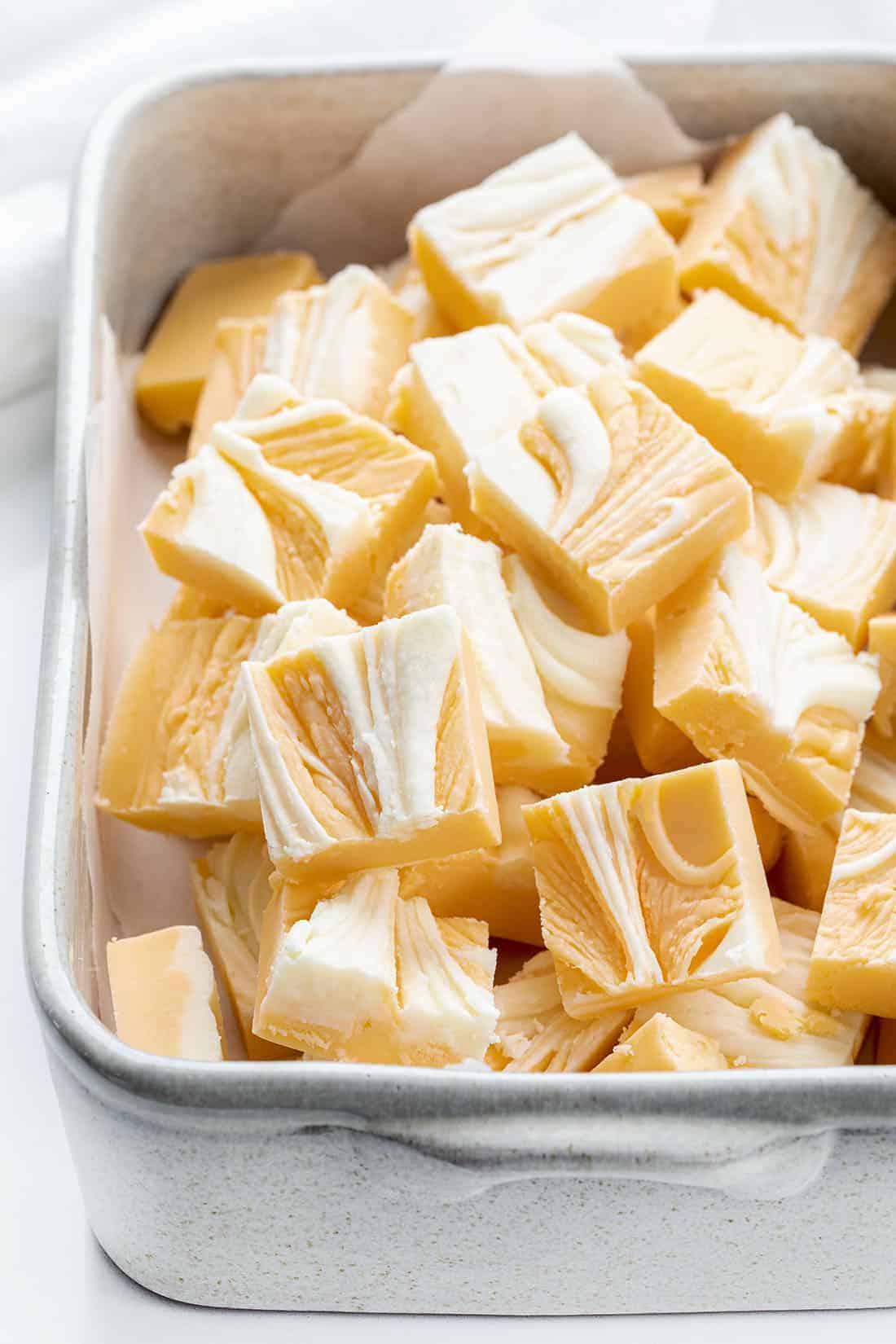 Pan of Cut Up Orange Creamsicle Fudge 