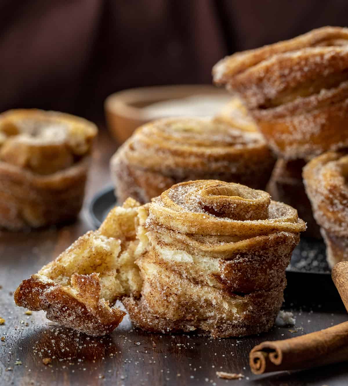Cruffin Being Pulled Apart to Show Layers. Baking, Breakfast, Cruffins, Croissant Muffins, Easy Cruffins, Easy Cruffin Recipe, Fall Baking, Cinnamon Cruffins, Cinnamon Sugar Cruffins, Dessert, Breakfast Ideas, Brunch Recipes, i am baker, iambaker