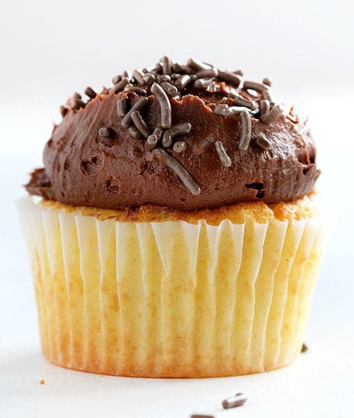 The Perfect Yellow Cupcake with a delicious Whipped Chocolate Buttercream! iambaker.net