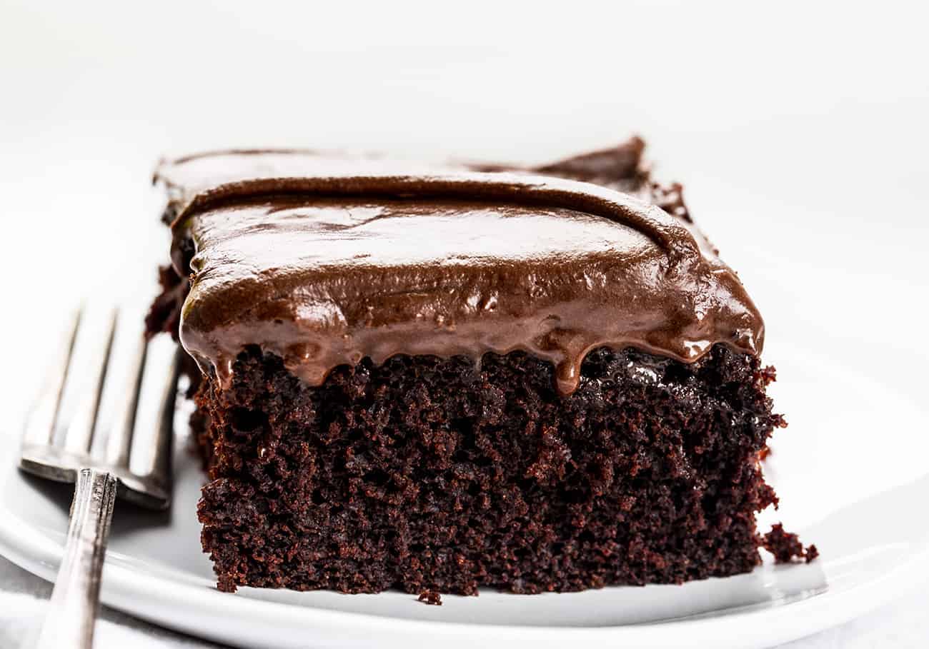 Chocolate Depression Cake on White PLate with Fork