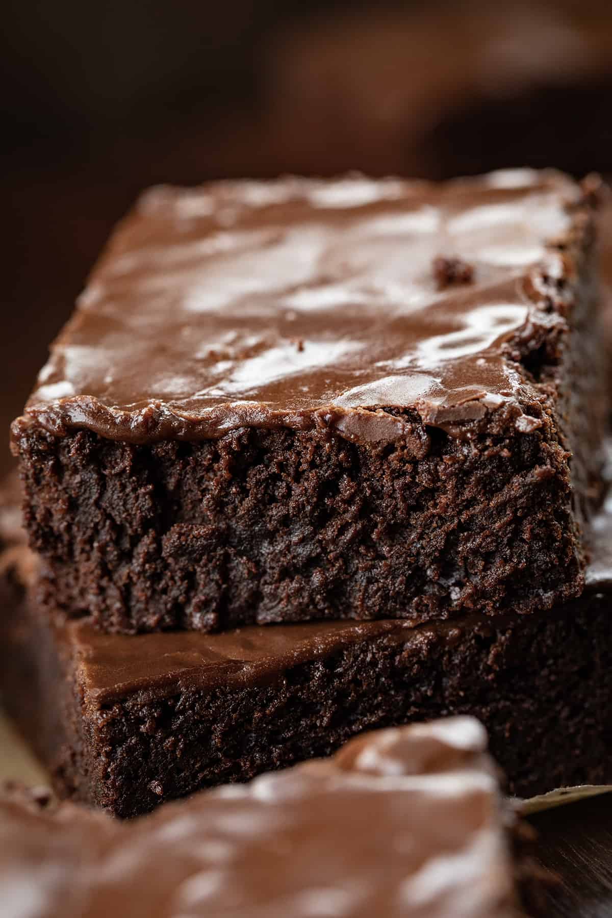 Close up of a Cut Double Fudge Brownie Showing the Texture.