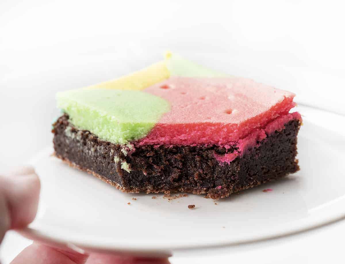 Hand Holding White Plate with Easter Brownie on It