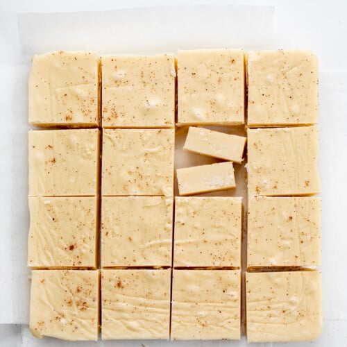 Eggnog Fudge but into squares.