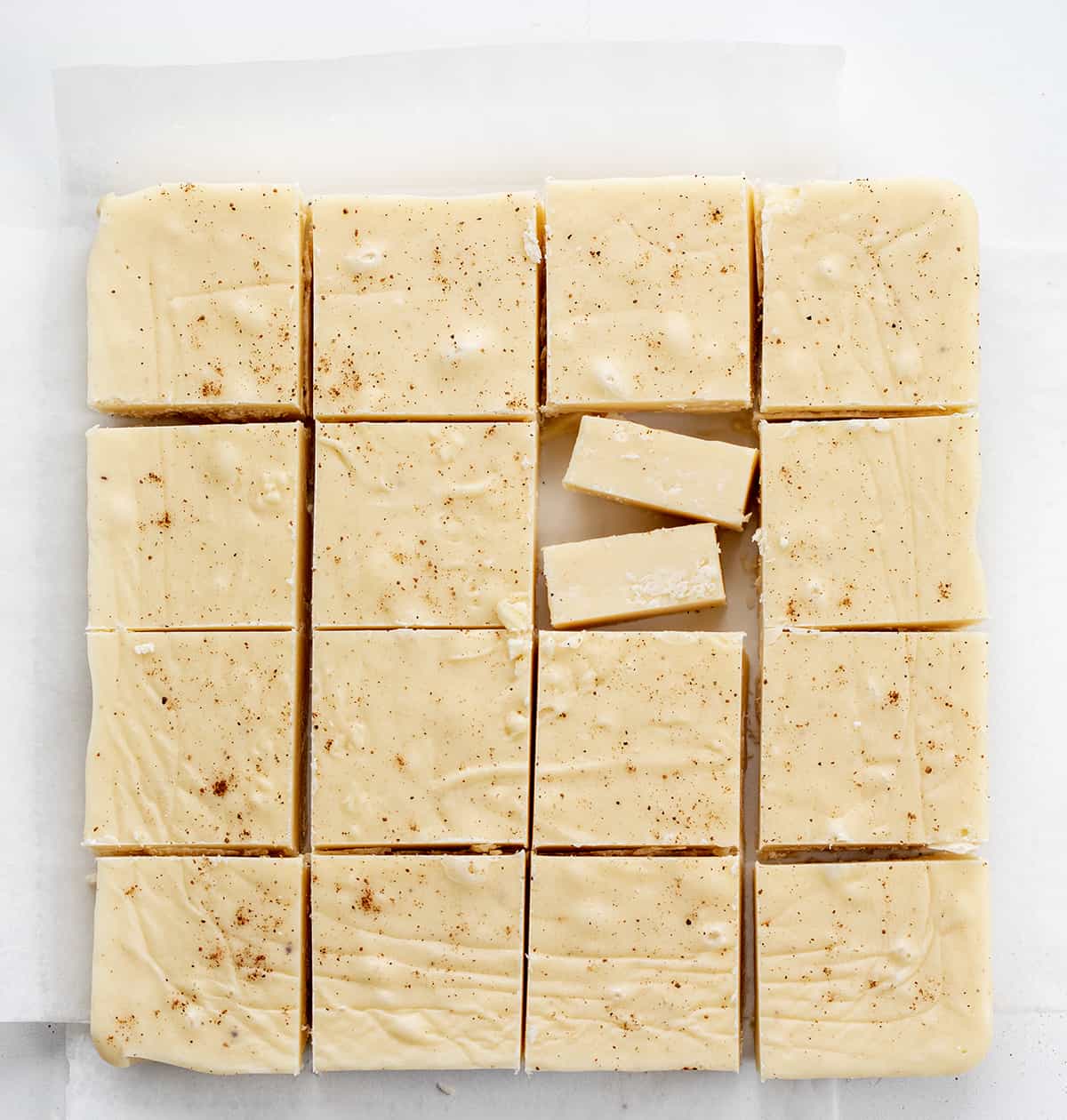 Eggnog Fudge but into squares.