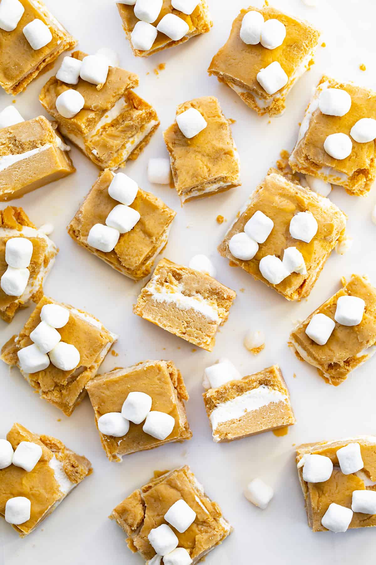 Individual Pieces of Fluffernutter Fudge (Peanut Butter Fudge and Marshmallow Fluff) Cut Up and On a White Surface with Some Pieces on Their Side Showing the Layers. 