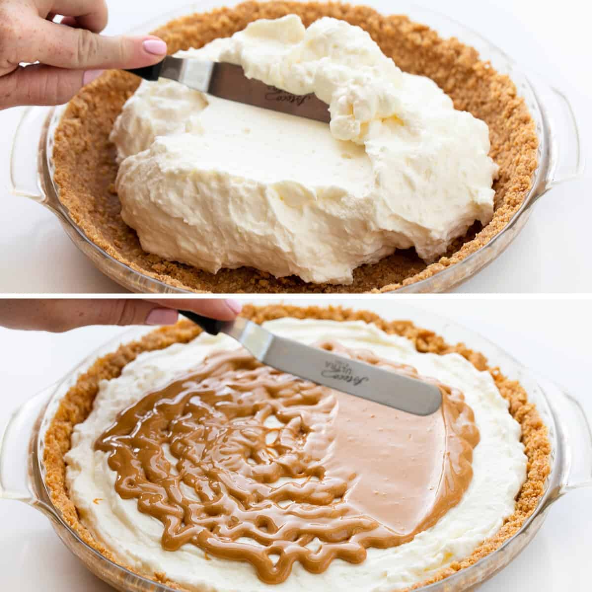 Steps for Adding Marshmallow Filling and then Peanut Butter to Pie Crust to Make Fluffernutter Pie.