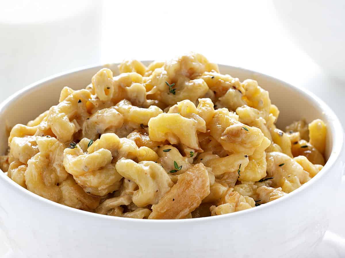 Bowl of French Onion Chicken Macaroni and Cheese