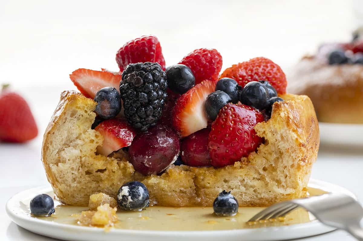 Cut Into Fruit Filled French Toast Bread Bowl. reakfast, French Toast, French Toast Bread Bowl, Fresh Fruit French Toast Bread Bowl, How to Make a Bread Bowl into French Toast, What Bread for French Toast, Fruit Filled French Toast, Fruit Breakfast, Breakfast Recipes, Decadent Breakfast, Brunch Breakfast Ideas, i am baker, iambaker.