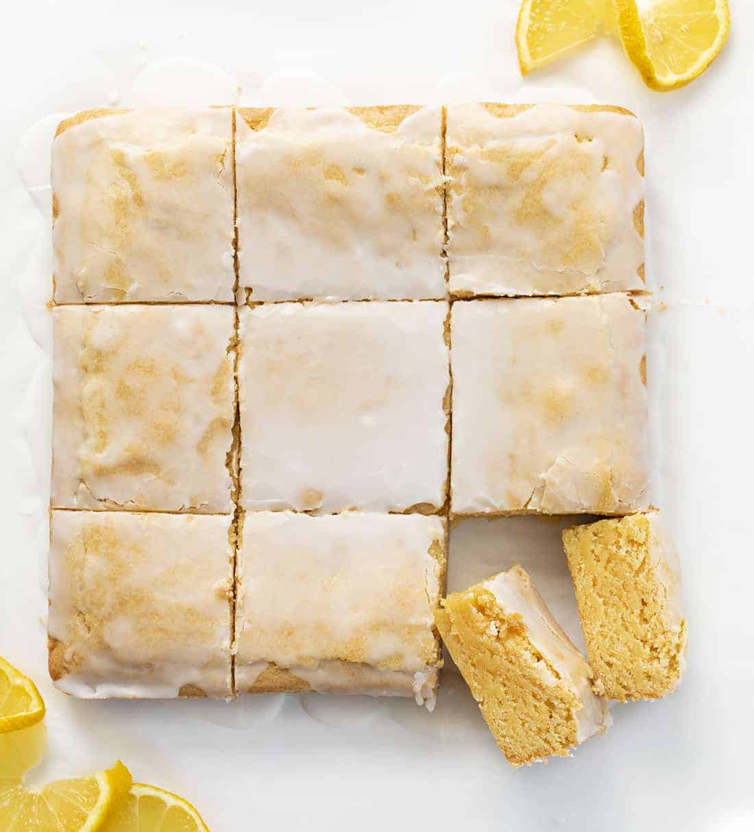 Lemon Brownies from Overhead with Vanilla Glaze