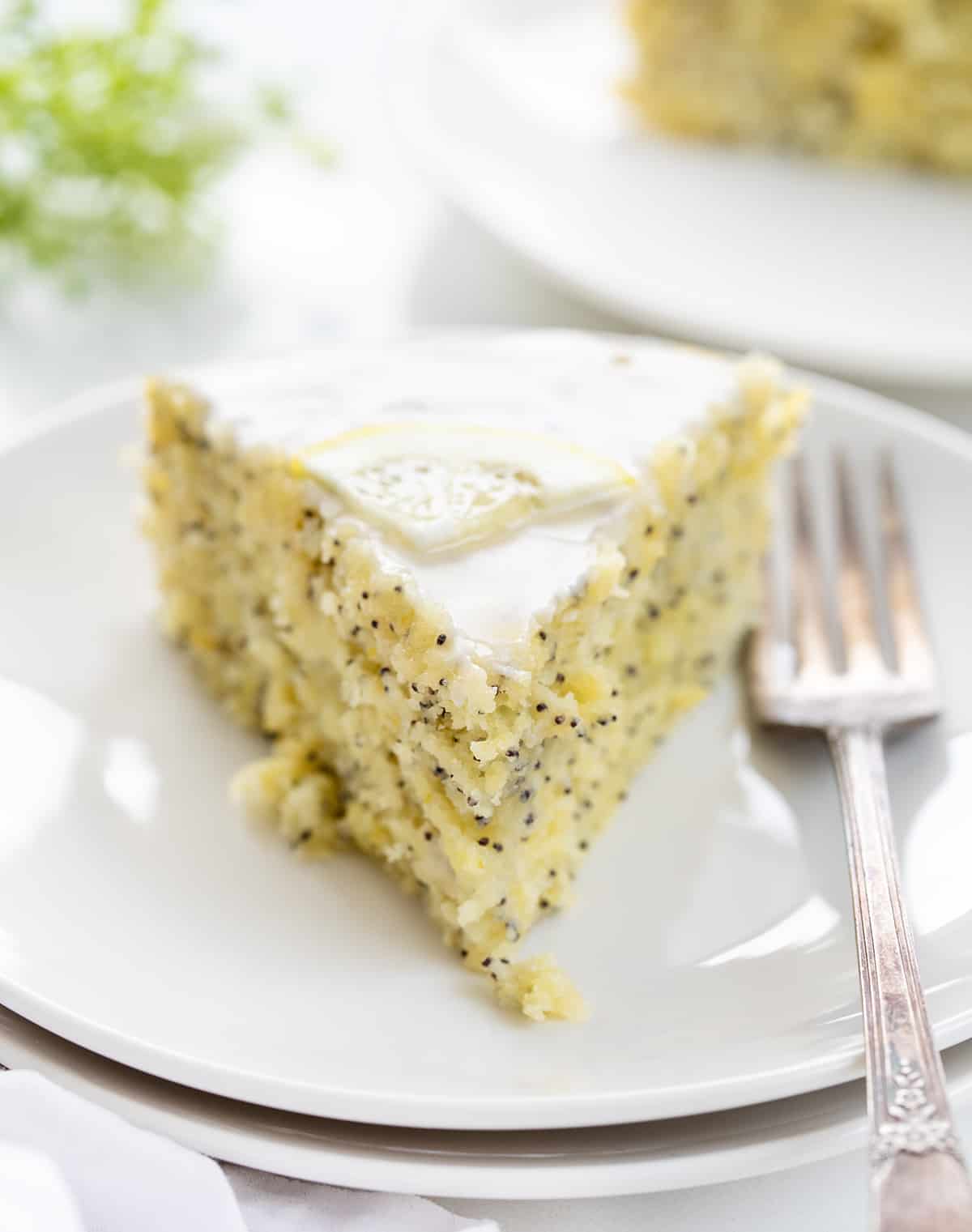 Piece of Lemon Poppy Seed Cake on a White Plate with Green Babysbreath in the Background.