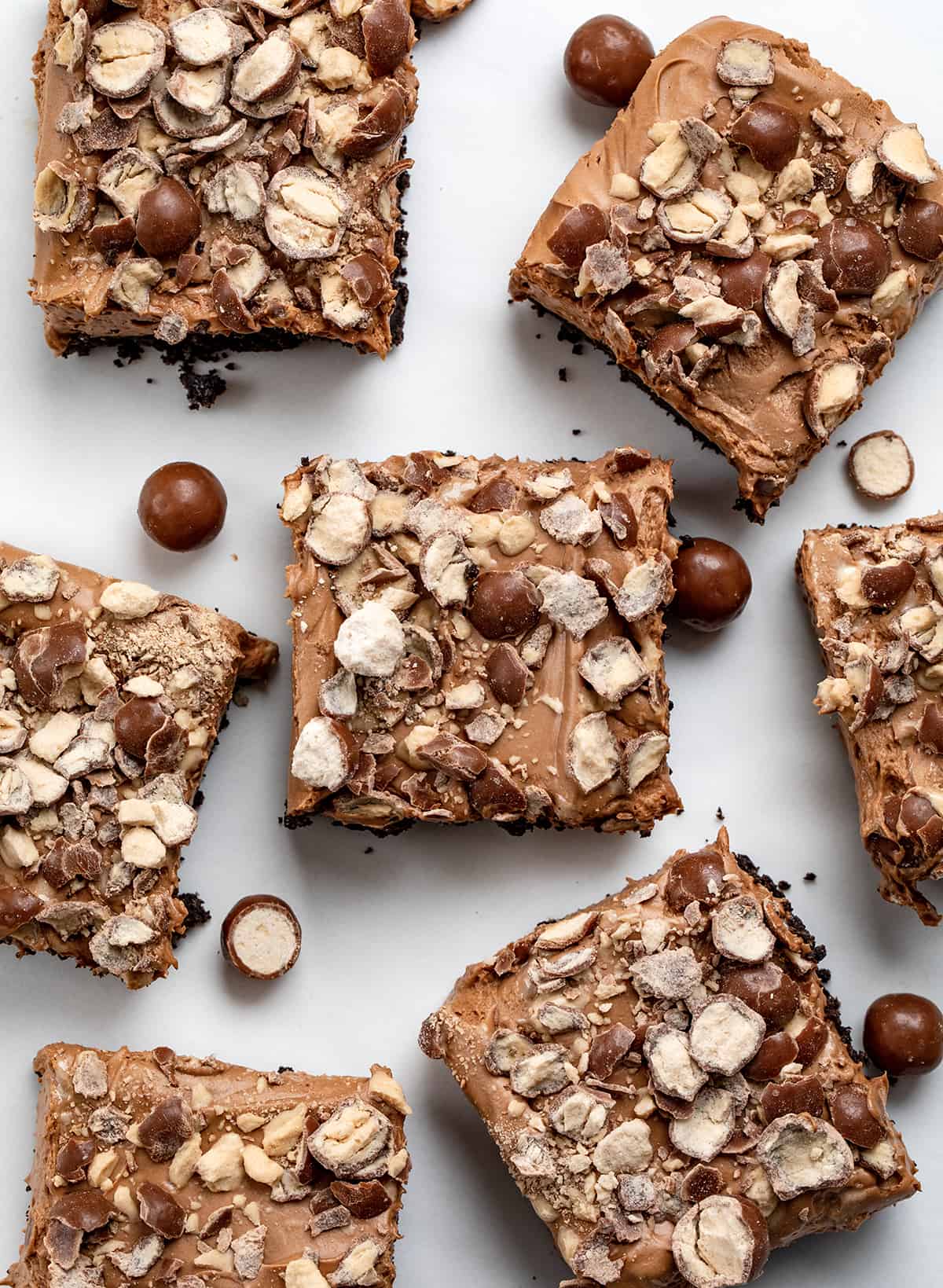 Chocolate Malt Shoppe Bars on a White Counter from Overhead.