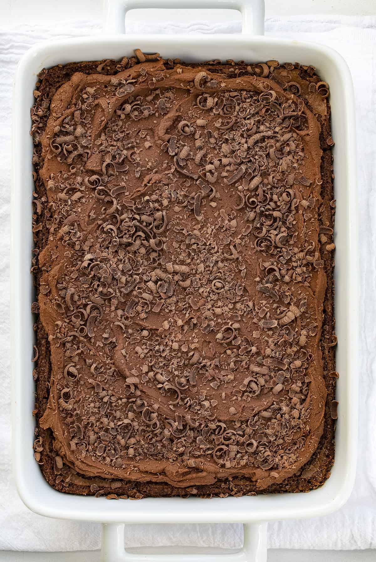 Overhead of Chocolate Mousse Brownies in White Pan
