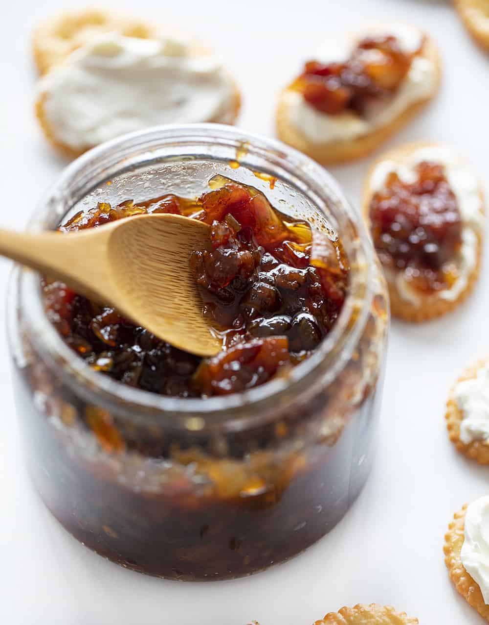 Onion Bacon Jam in a Jar with a Spoon