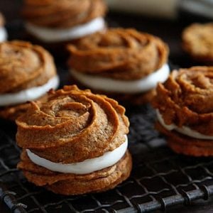 Pumpkin Rose Sandwich Cookies with Caramel Cream Cheese Frosting!