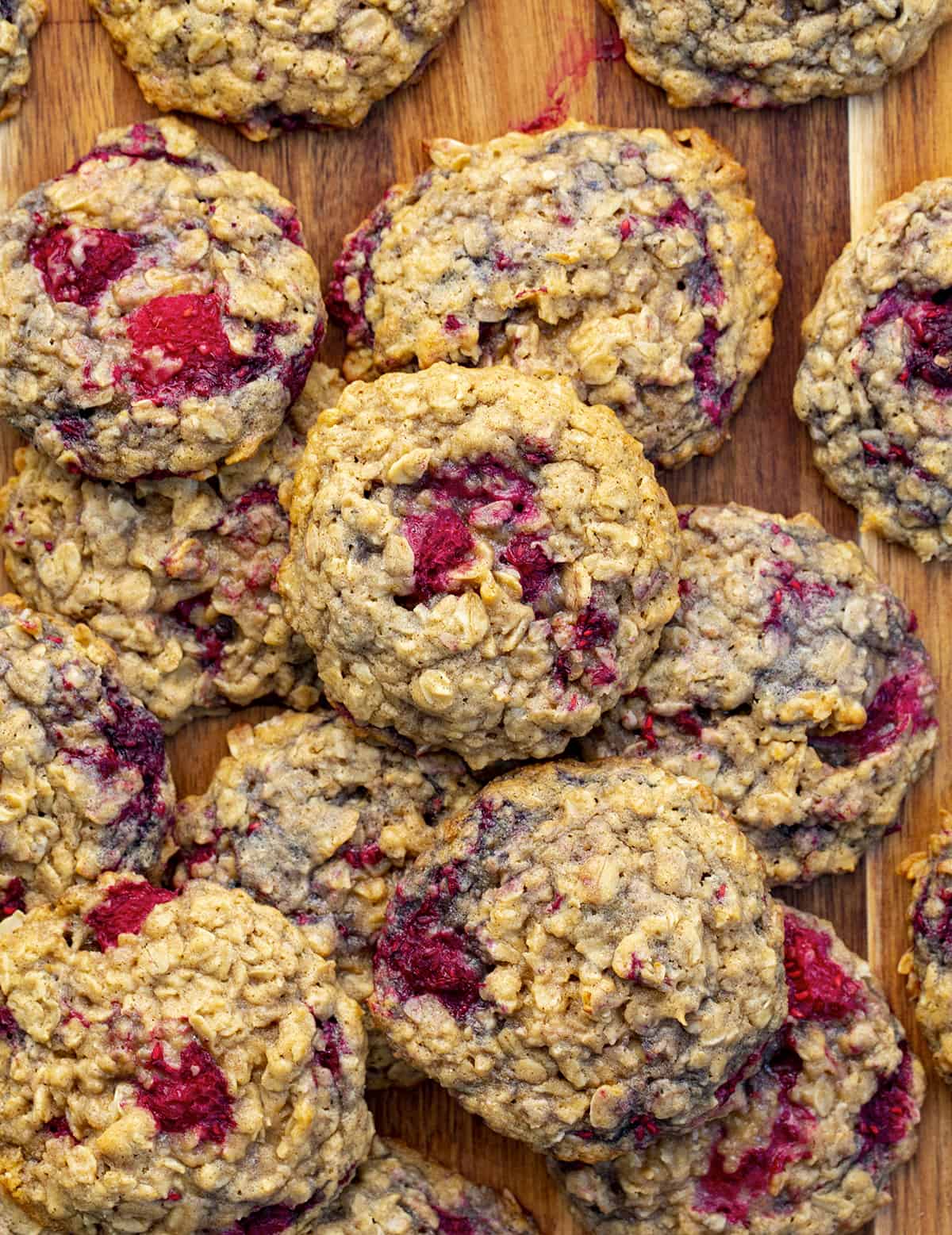 Overhead of a Stack of Raspberry Oatmeal Cookies. Cookies, Baking, Raspberry Cookies, Raspberry Oatmeal Cookies, Cookie Recipes, Cookie Exchange, Fruit Cookies, Summer Baking, Healthier Cookie Recipes, Dessert, i am baker, iambaker