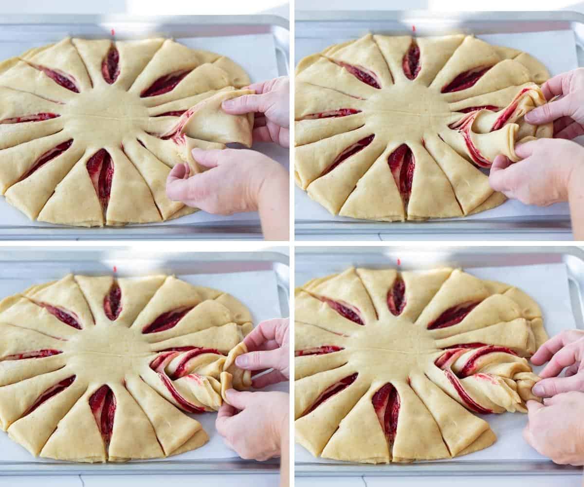 Steps for Twisting Cranberry Orange Star Bread To Create Star Design. Dessert, Baking, Holiday Baking, Star Bread, Christmas Dessert, Christmas Bread, Thanksgiving Bread, Thanksgiving Bread, New Years Eve Dessert, Holiday Recipes, Entertaining Recipes, i am baker, iambaker