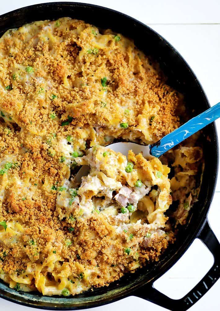 Noodle Tuna Casserole Baked in a SKillet with Spoon