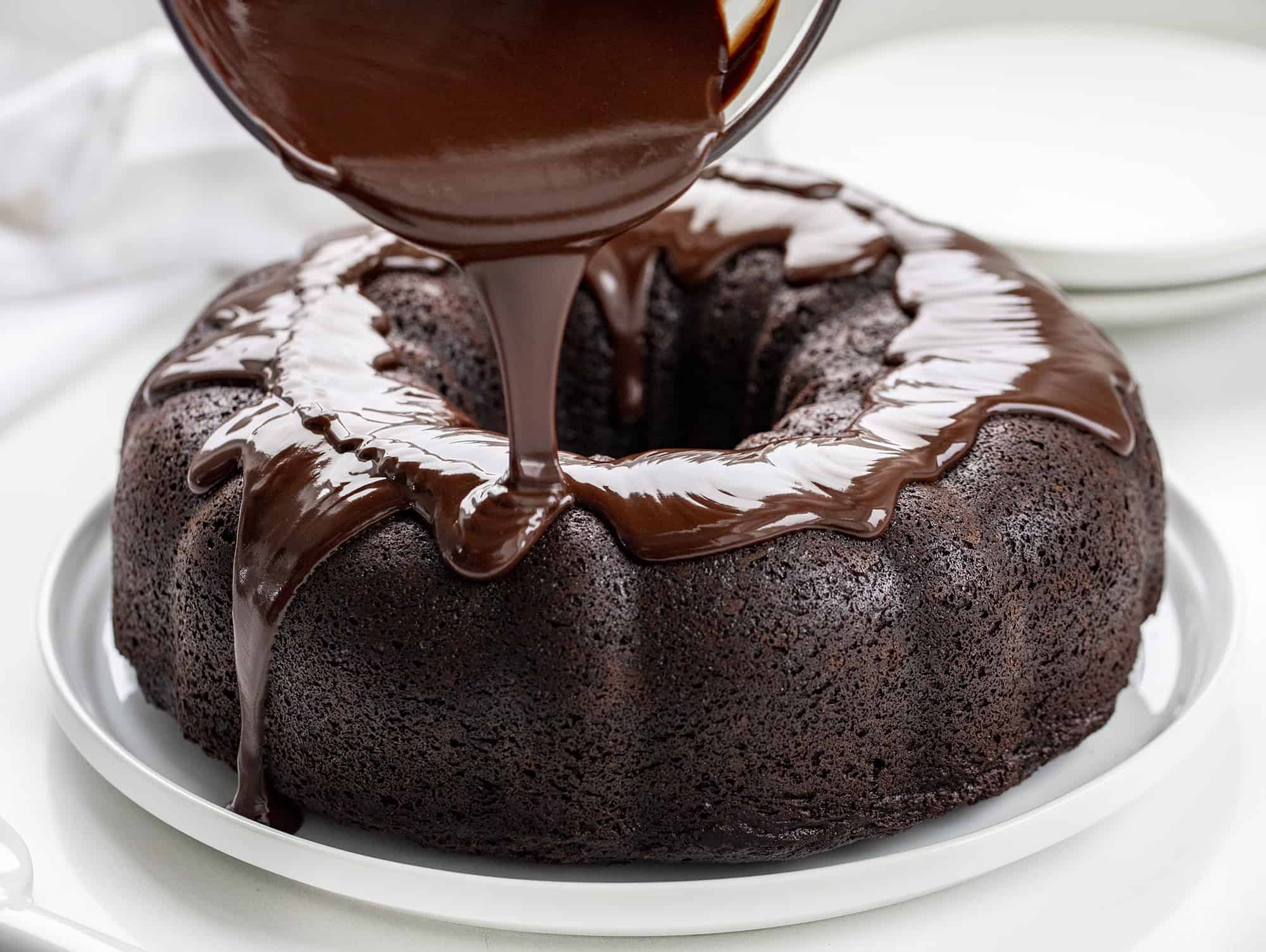 Adding Ganache to Chocolate Bundt Cake