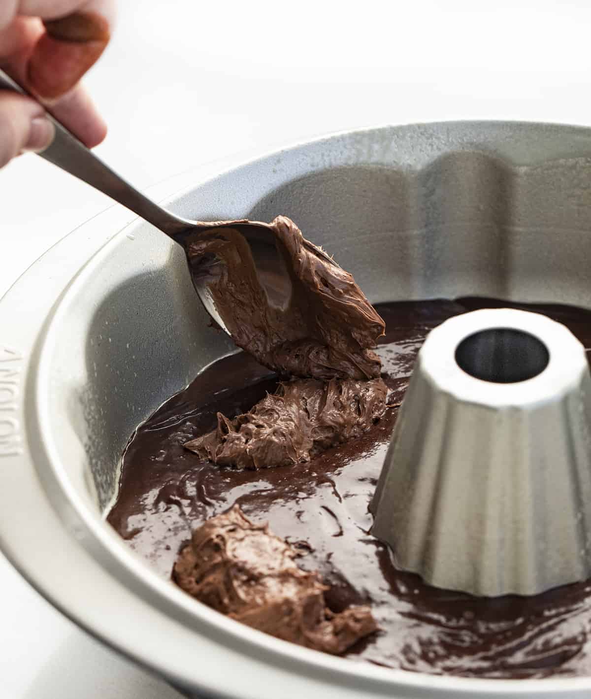 Adding Chocolate Cream Cheese to Chocolate Fudge Bundt Cake Pan