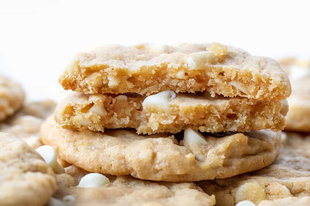 Broken in Half White Chocolate Macadamia Nut Cookie Stacked.