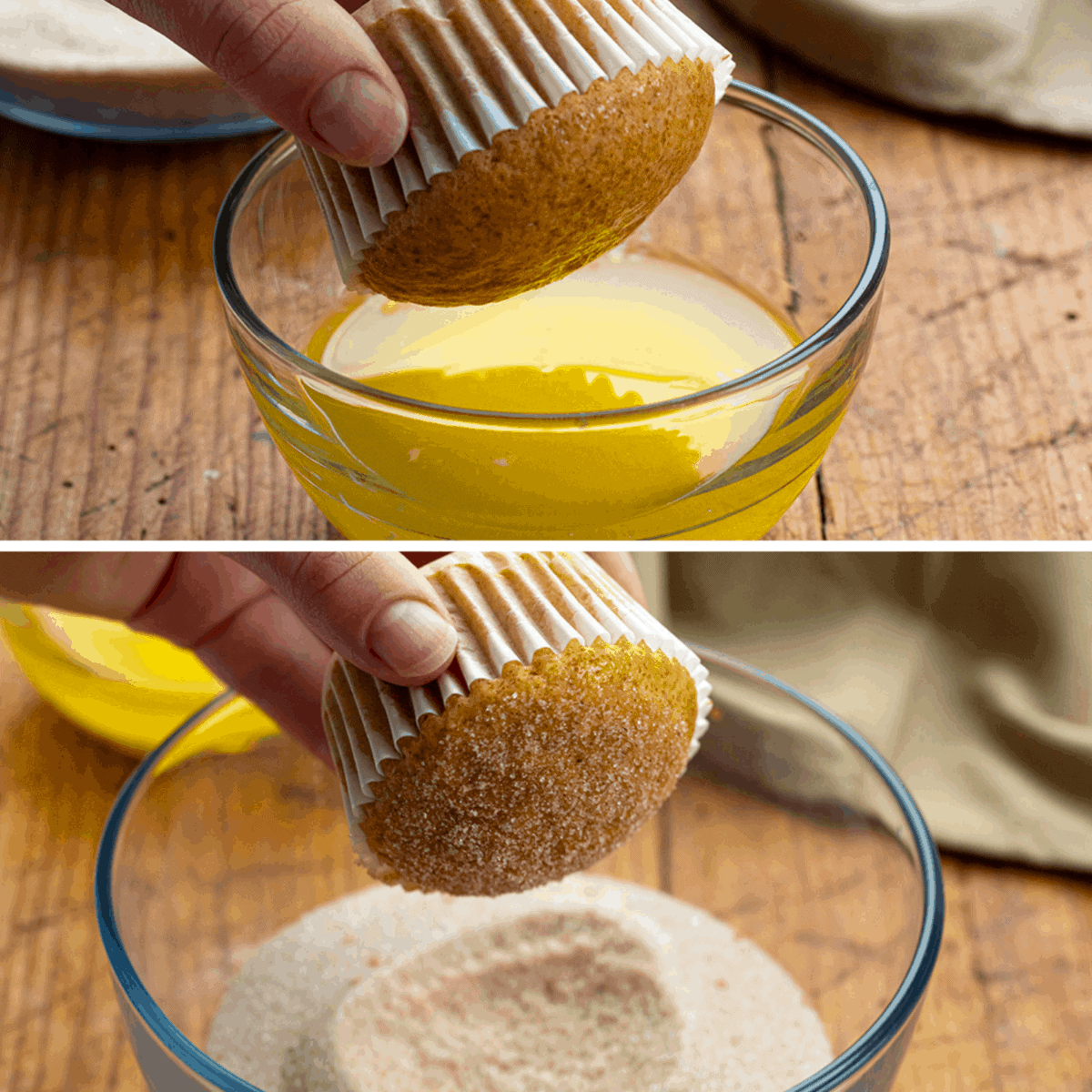 Dipping Apple Cider Muffins in Butter Then Cinnamon Sugar