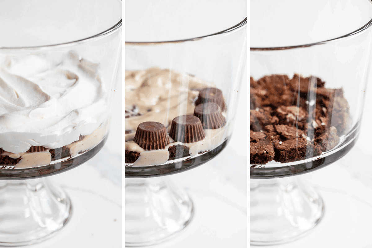Trifles Process Shots of How to Fill Up Trifle Dish with Brownies, Peanut Butter Pudding, Reese's, and Whipped Topping