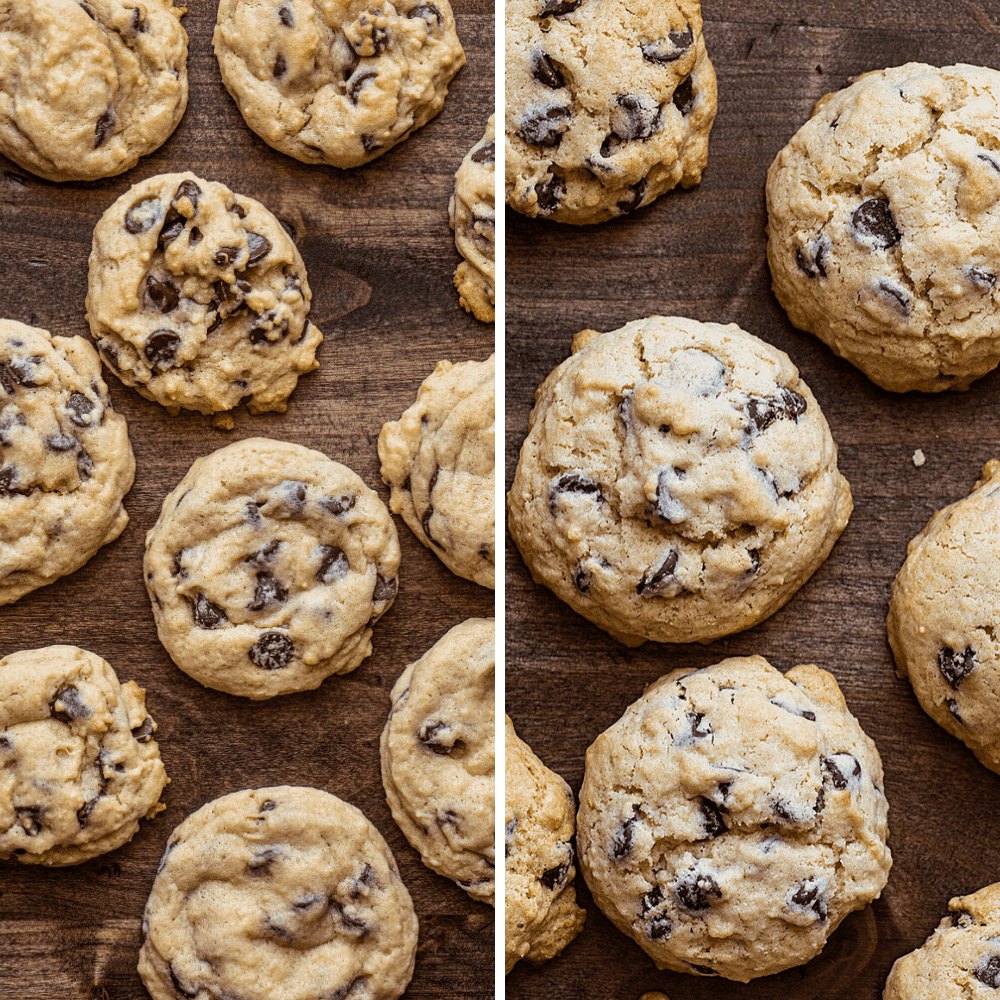 Side by Side of Chewy and Cake-Like Sourdough Chocolate Chip Cookies